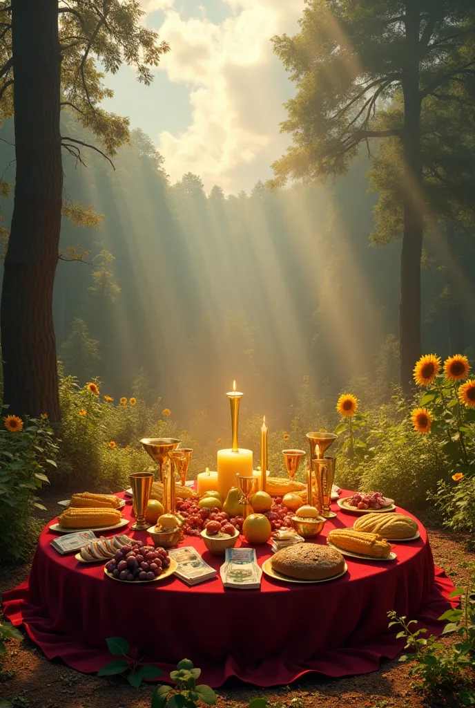 A hyper-realistic, ultra-high-definition image of a ritualistic offering of divine prosperity, carefully arranged on a low altar...