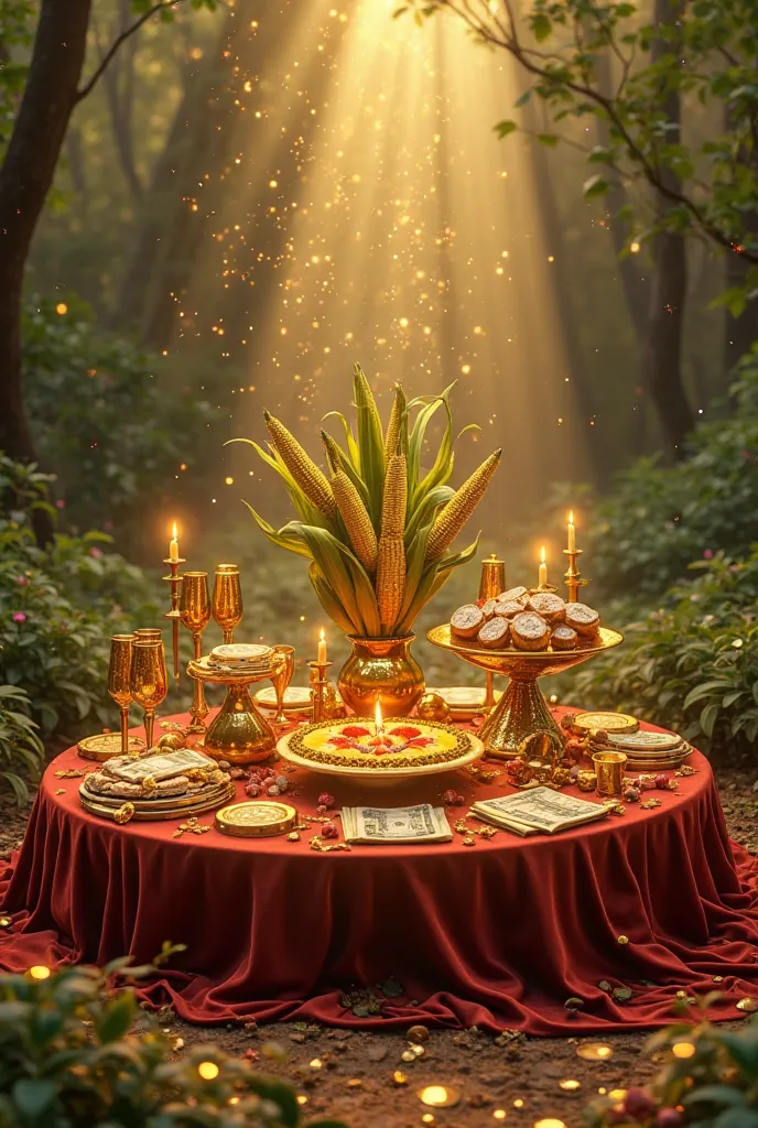 A hyper-realistic, ultra-high-definition image of a divine offering of prosperity, presented as a ritualistic altar set on the g...