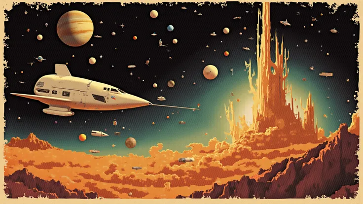 Cosmic curiosity of the 1970s. A montage of retro-futuristic images: NASA's Voyager probe soaring past Jupiter, an early SETI po...