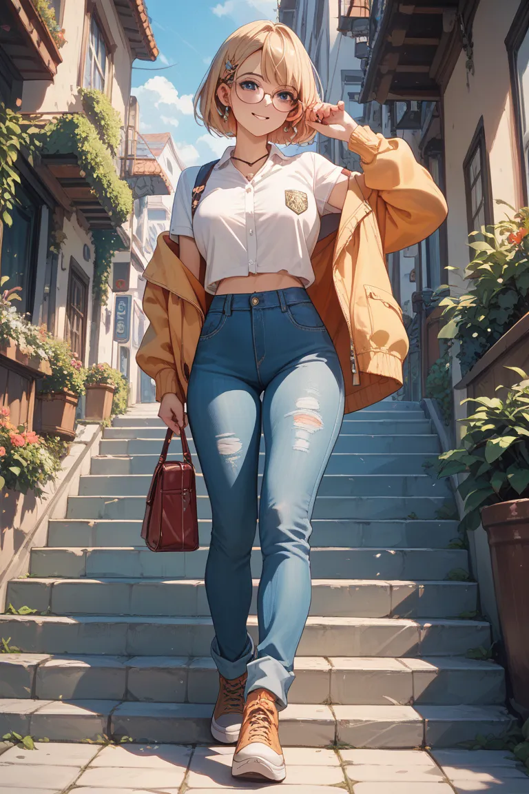 The girl who forgot her glasses、couldn't see her front clearly and got caught on a step on the road、Zukkoke、and had her pants in...