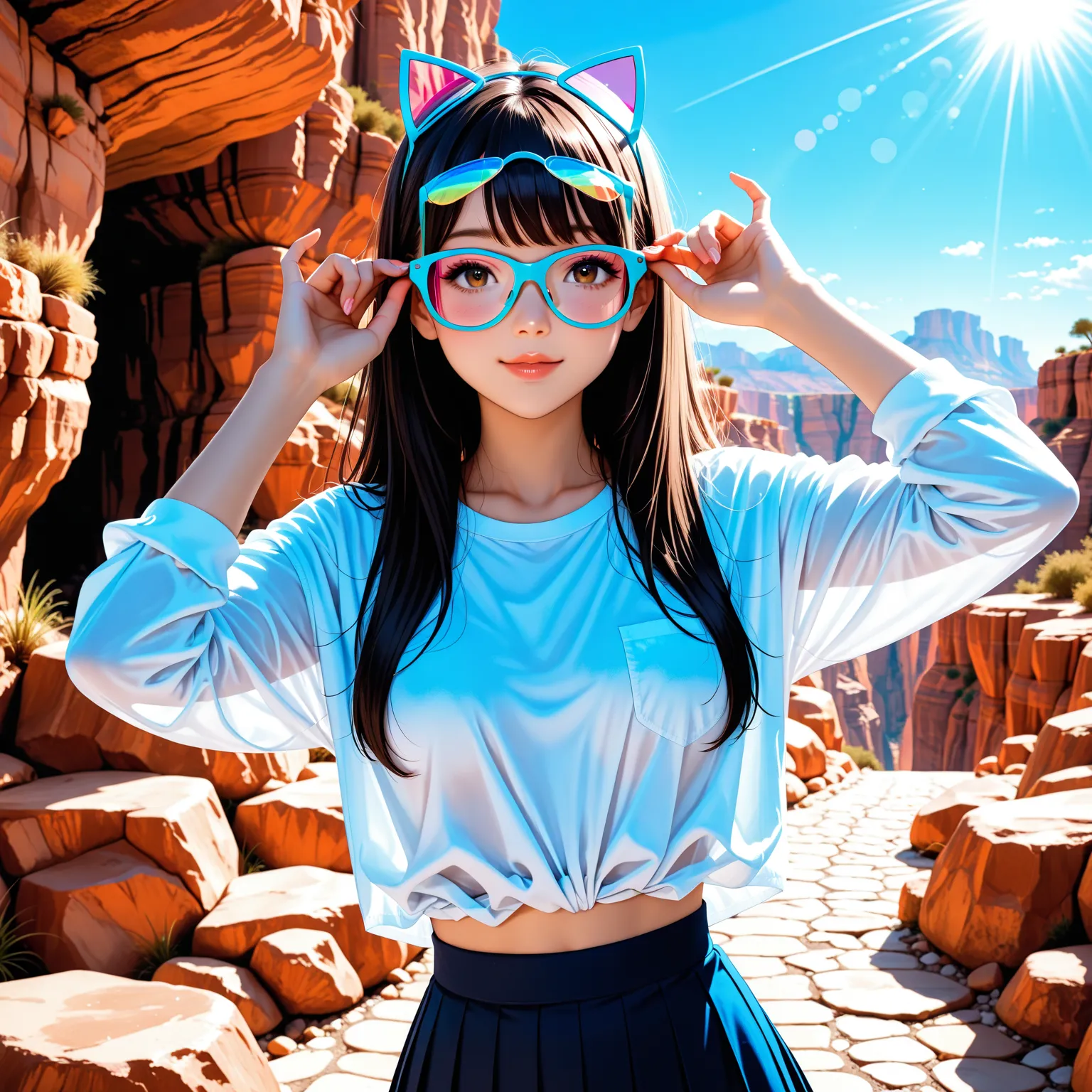 high school girl、Wear flashy glasses、loose shirt、sexy pose taken in a canyon、