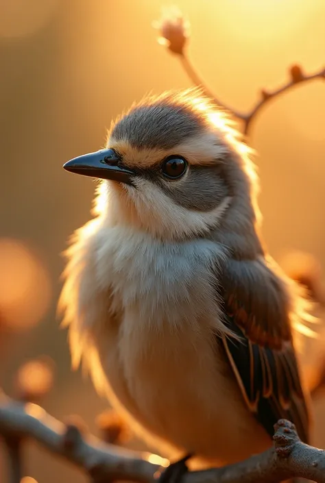 A mesmerizing close-up portrait of a gorgeous little bird illuminated by the soft, golden light of a tranquil morning, with vibr...
