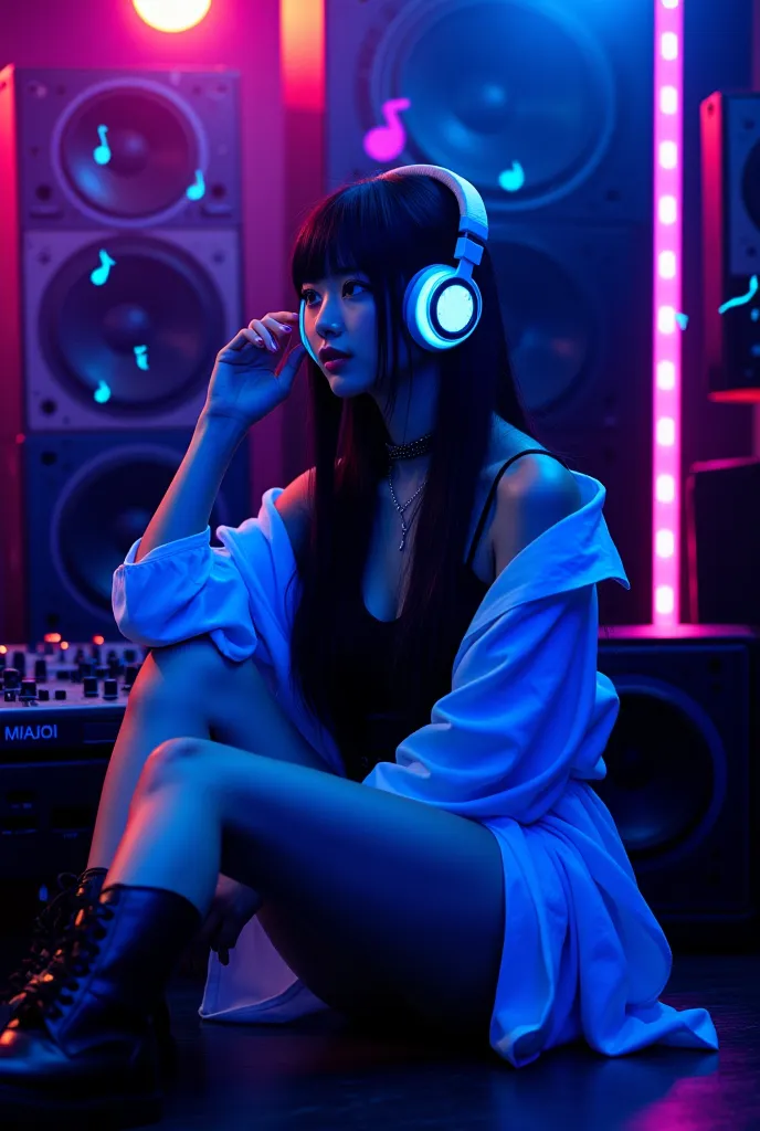「Real photo of a beautiful Japanese girl sitting in a dark room with headphones that emit ocean blue light、surrounded by speaker...