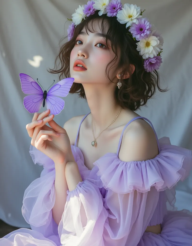 8k, masterpiece, best quality, young woman, oblique shot, porcelain white skin, dramatic perspective. dreamy fashion style，light...