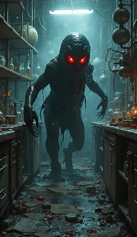 I want a black slime shape with red eyes around it in an abandoned lab.