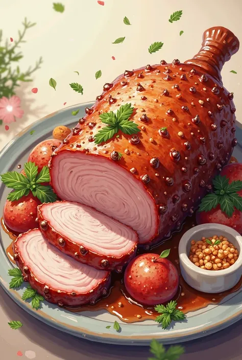 anime style illustration、roasted pork roast、It's the ultimate appetizing dish