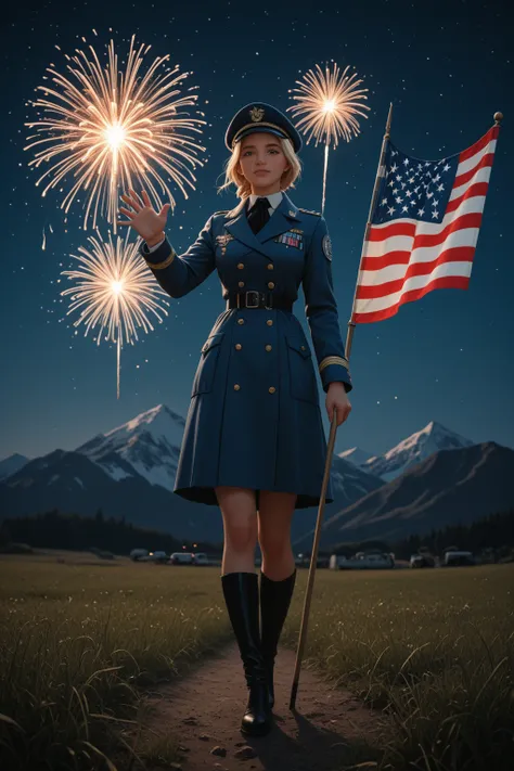 The heronic Hisroric cenematic scene in 17th Century ,  An American Female Minuteman soldier wearing a combat Blue coat in 17th ...