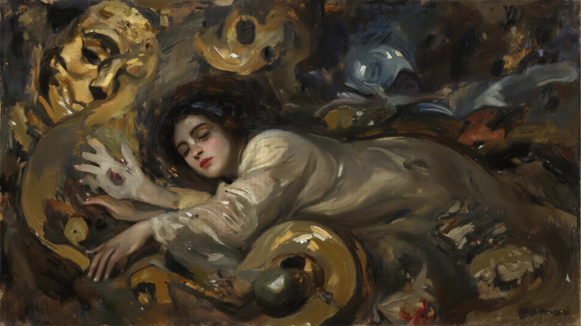 dramatic chiaroscuro oil painting, a dreamscape of shifting masks and gears turning around a sleeping figure, a woman reaching o...