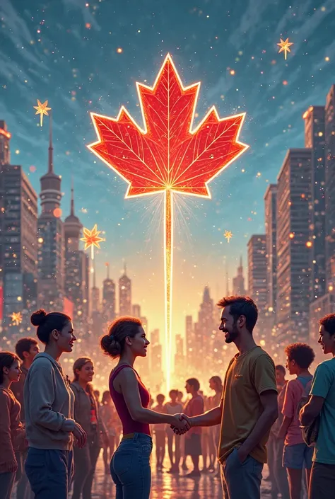 "A vibrant, bustling cityscape of a Canadian metropolis (like Toronto or Vancouver, subtly hinted at by iconic buildings but gen...