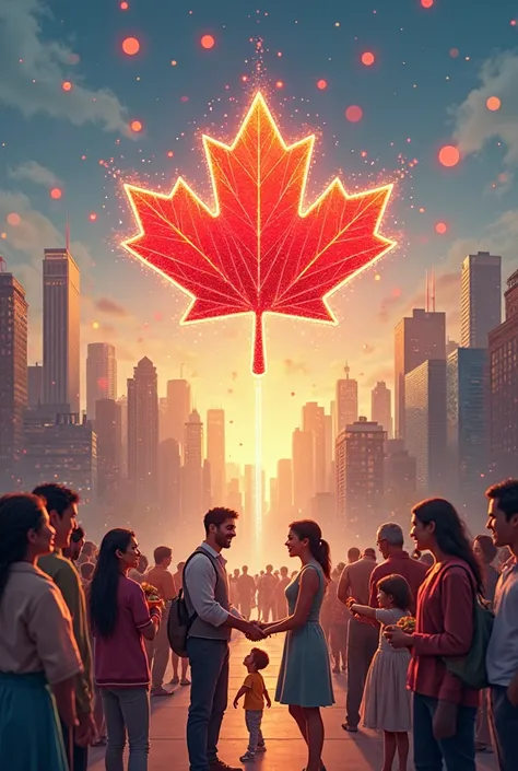 "A vibrant, bustling cityscape of a Canadian metropolis (like Toronto or Vancouver, subtly hinted at by iconic buildings but gen...