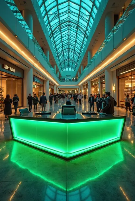 Generate a dark green neon information desk inside the mall without people 