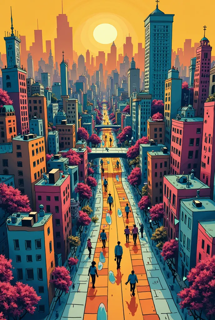 make a city out of a comic book and with a bird's-eye view 