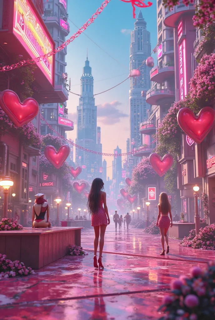 Futuristic pink Barbie-style city and vaperwave, With neons , hearts, soft lights and bright details, ultra feminine and fancifu...