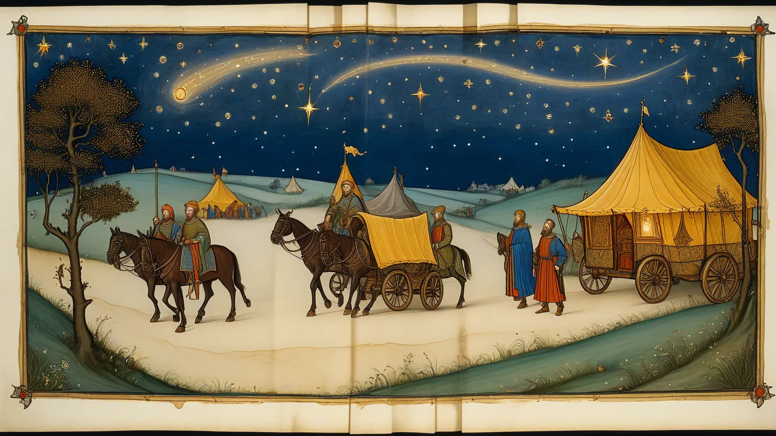Prompt 15: "The caravan leader approaching the Gossip Distributor with a wide grin, handing them a curled map scroll, as distant...