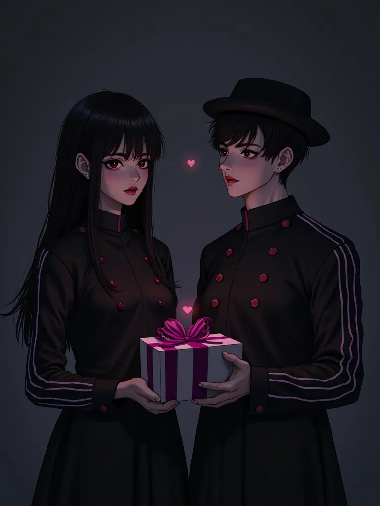 girl , is standing straight and holding out a gift in his hands, stands side by side, front view, there's darkness behind her, к...