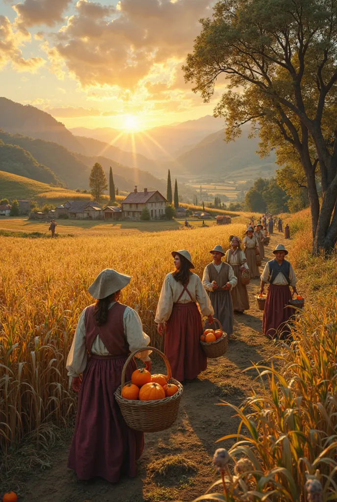 A group of medieval villagers joyfully harvesting a golden wheat field at sunset.
Villagers in rustic clothing gathering pumpkin...
