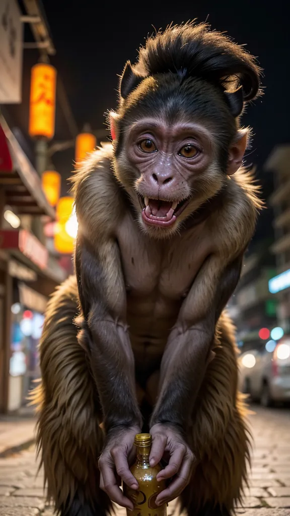 EXTERNA, STREET IN CHINA - SUNSET
The monkey opens a beer bottle with its mouth and drinks. Depois, starts making the pizza doug...