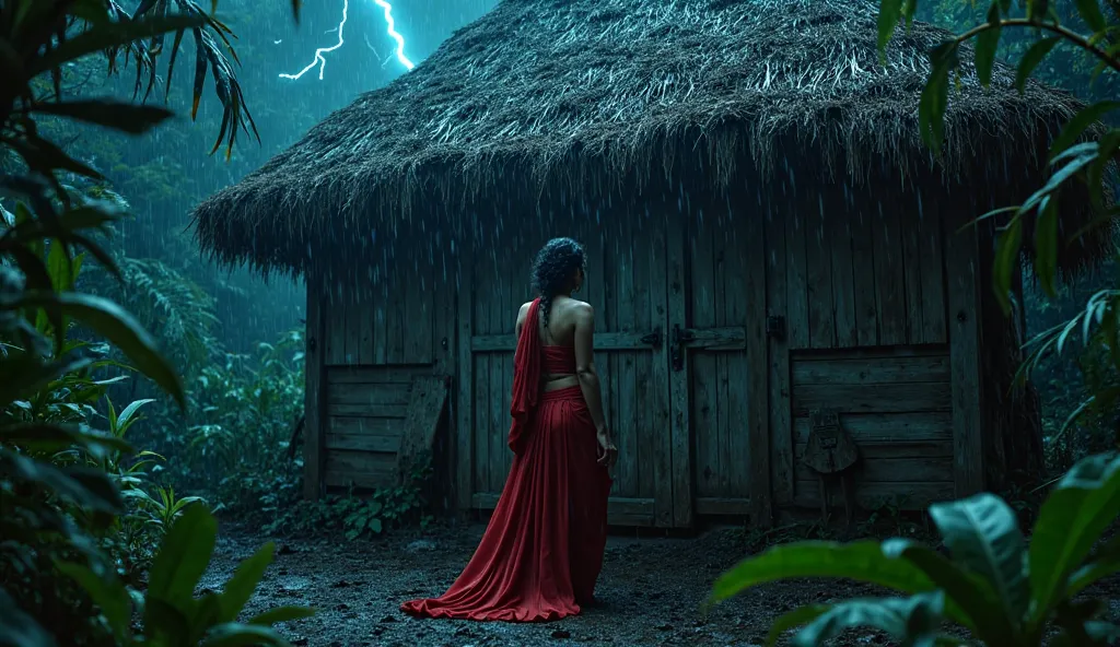 A mysterious woman in a flowing red saree stands facing a weathered wooden door of a small, rustic jungle hut. Her hand gently t...