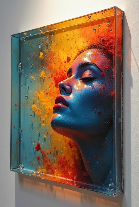Create a work of art by Rafael Zoto that is inside a transparent square that is optical and cinematic and that has primary color...