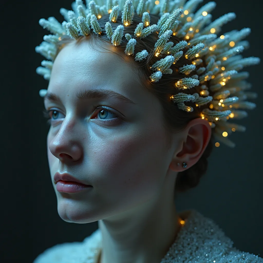 "Photorealistic close-up of the human half’s head wearing a crown of organic, living antennae that pulse and shimmer as they rea...