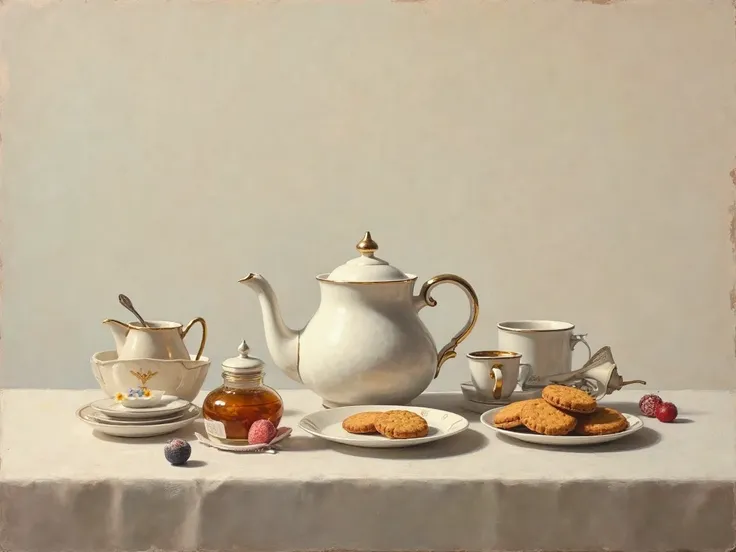 Minimalist Oil painting old mastter. An Illustration of a vintage Tea Table with a Kettle, view from the front,  with sweets, ho...