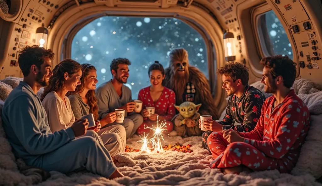 A pajama party inside a cozy area of a spaceship, like the Millennium Falcon. All main adult characters from Star Wars are prese...