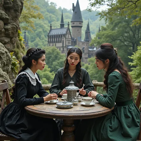 Three people sit at a tea table drinking tea from a black and white service, beautiful dark haired Wednesday Addams in a black d...