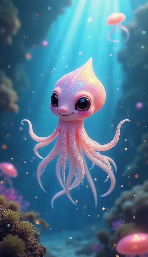 A magical baby squid with soft, translucent skin shimmering in pastel rainbow colors, performing a playful fantasy dance underwa...