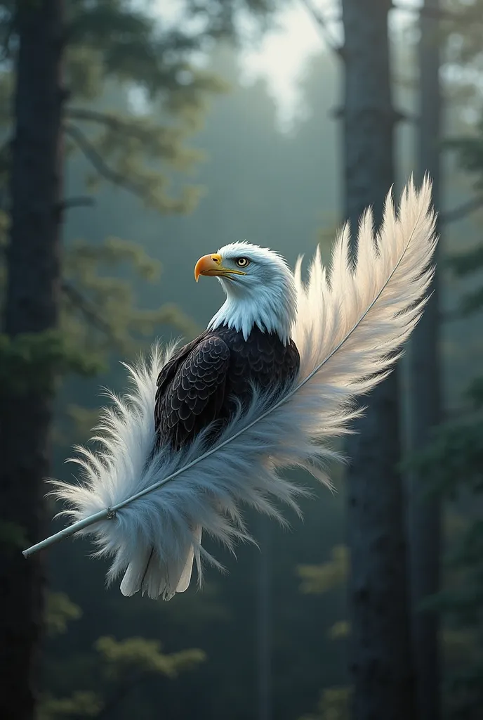 Imagine a blurred forest background, où se superpose une majestueuse plume de pygargue. Inside this feather, Integrate a bald ea...