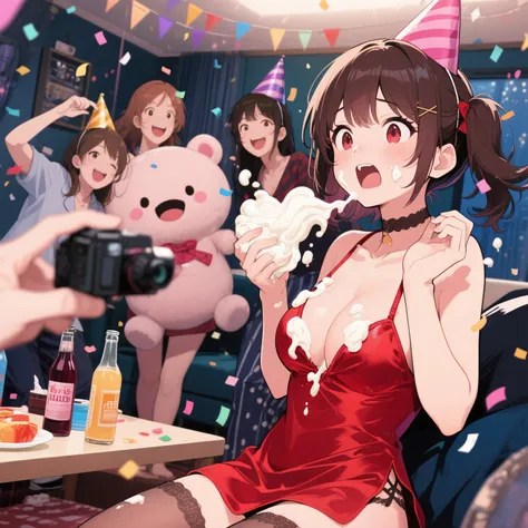 anime, comical timing and exaggerated reactions, during a truth-or-dare round at the pajama party, a girl in silky red lingerie ...