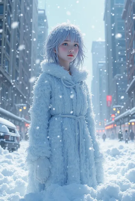 frozen city after being blown by a blizzard。Her body has turned to ice and solidified。,  buried in snow 　anime style