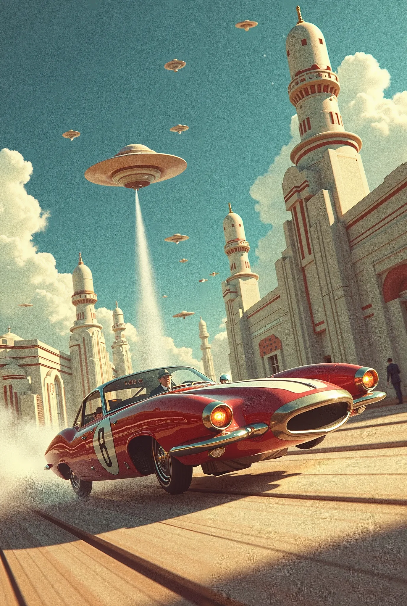 retro futuristic shiny car, retro car flying very fast, retro car with rockets, retro car 30 feet in the air, retro futuristic a...