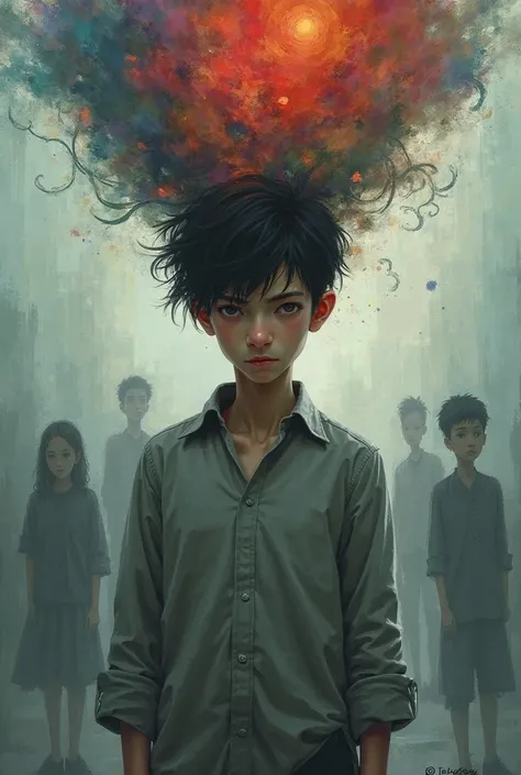 Sad boy, while others point to. Blurred background with a cloud of colorful thoughts above his head.