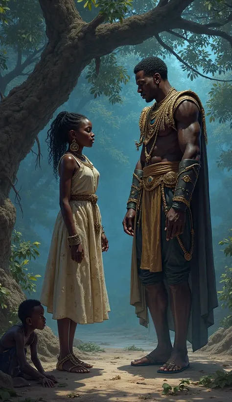 A frightened young palace servant  hiding behind an old fig tree at night, peeking as Adaeze the young african maiden confronts ...
