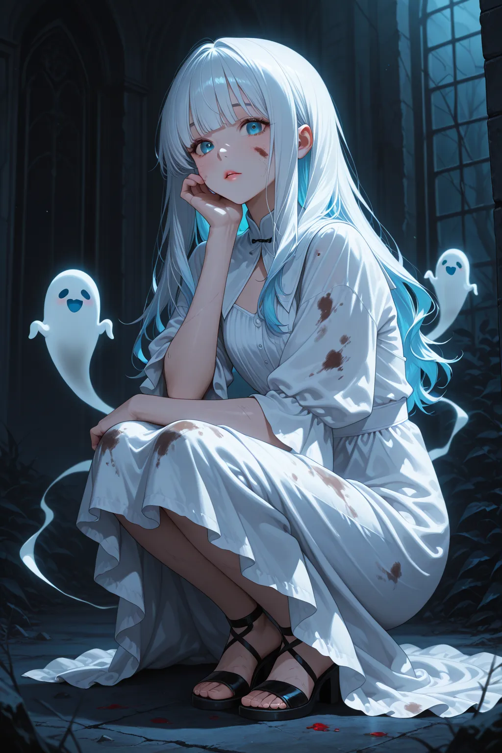 Ghost Story Girl、Dark path、Dim and dirty path、Scary older sister、The bangs are hidden、I can't see facial expressions due to hair...