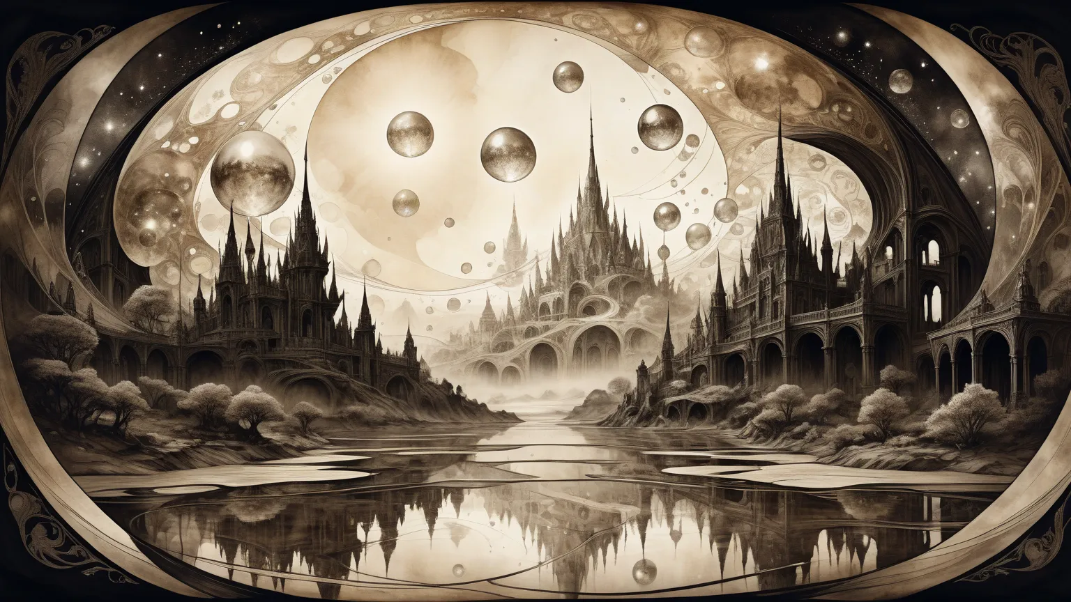 Prompt 4: The Realm of Reflections depicted as a mirror-world of echoing human scenes, dreams looping within faded crystalline d...