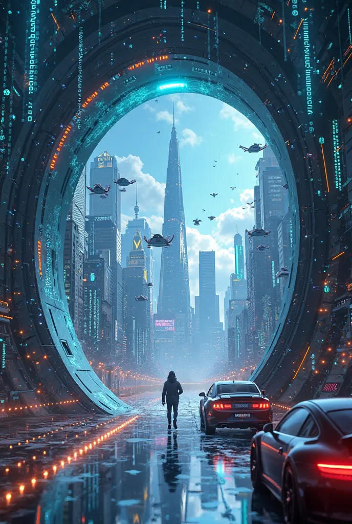 Generate a portal, real portal. Inside the portal shows future world. With flying cars, skyscrapers, people ride modern car,like...