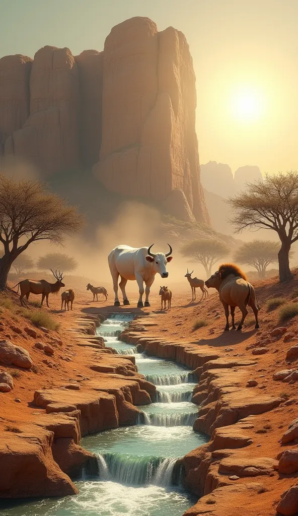 "A realistic, high-quality image of a dry desert landscape under a harsh sun. A giant, majestic white cow stands near the base o...
