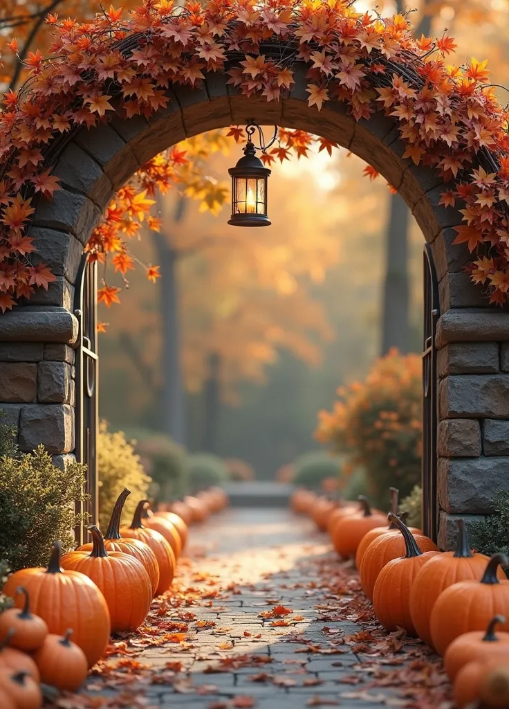pumpkins and leaves archway with lantern, fall background for photography backdrop