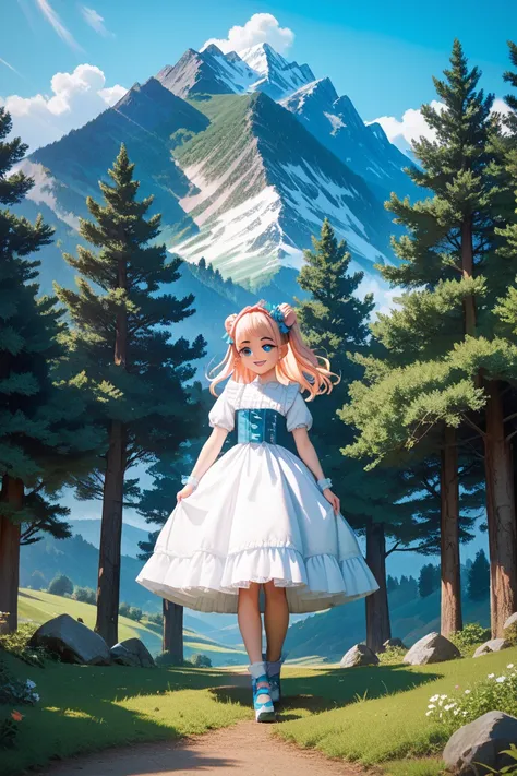 Young face girl model shot, Japanese, dazzling smile, posing for photo, under trees in mountains, daytime, full body, frilly clo...