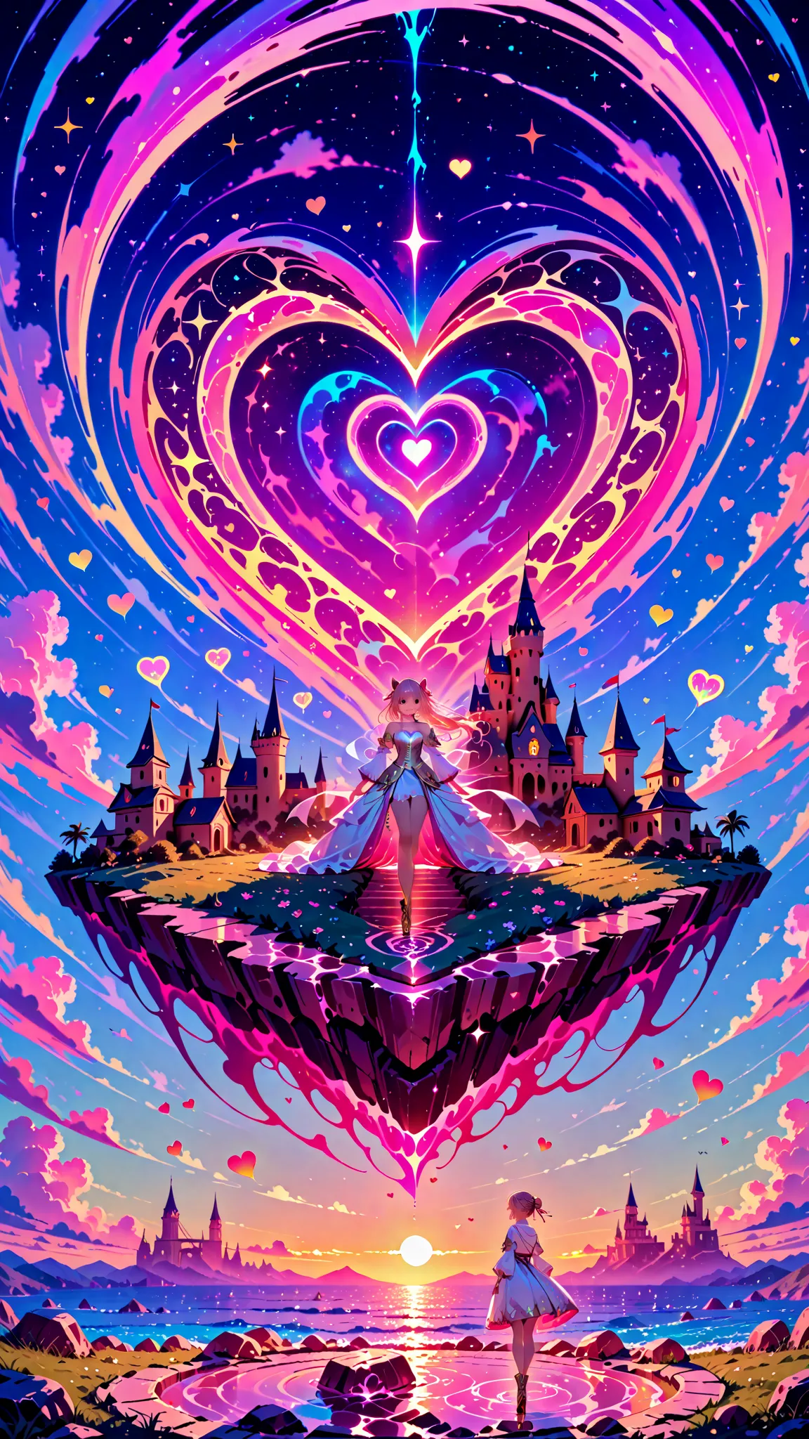 A heart-shaped castle floating in the sky