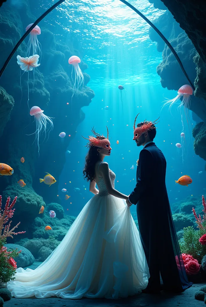 highly detailed realistic photo of an underwater masquerade ball inside a glass dome, elegant men and women wearing coral-inspir...