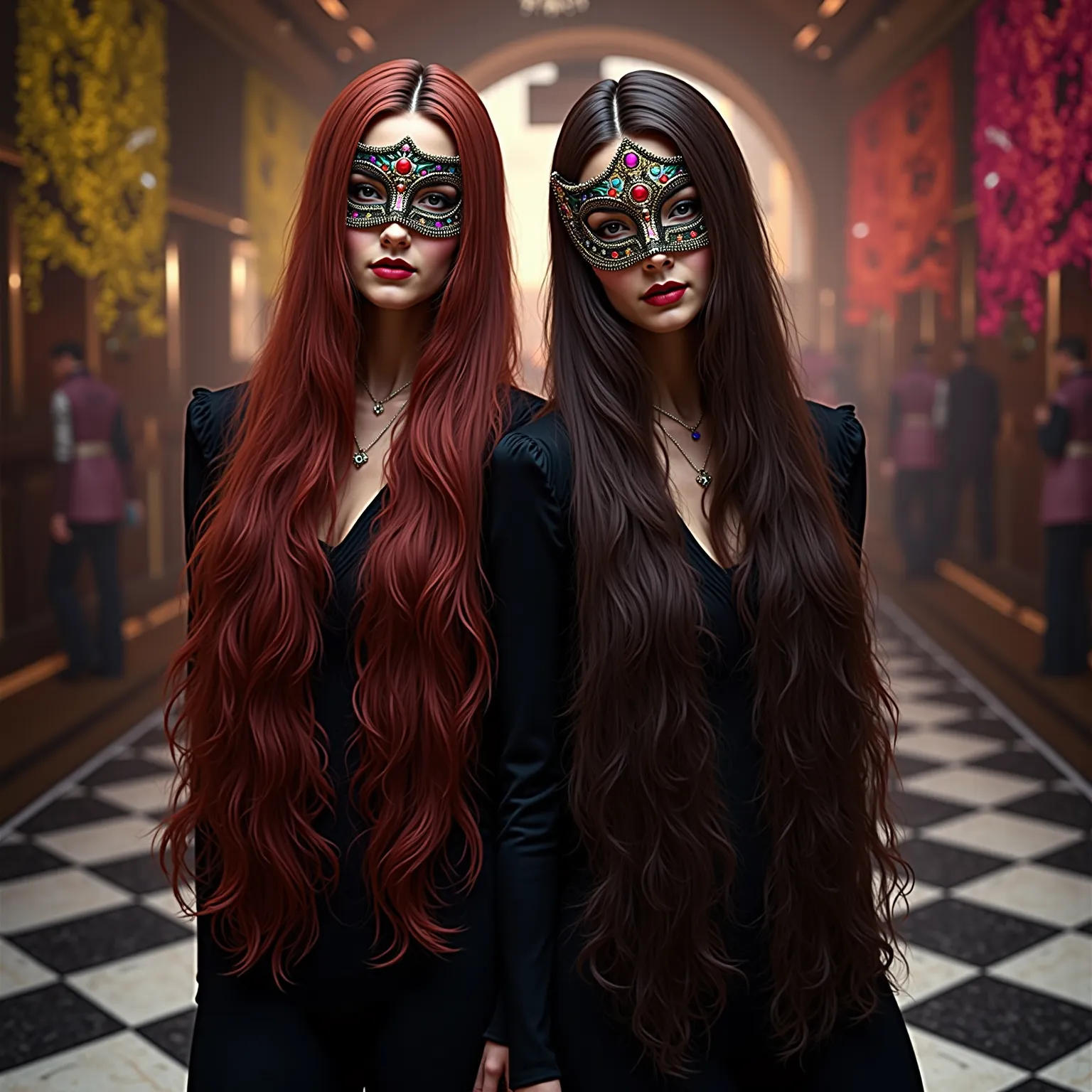 Two charming women with long hair, They wear mysterious masks, a colorful Venetian festival, a decorated hall with black and whi...
