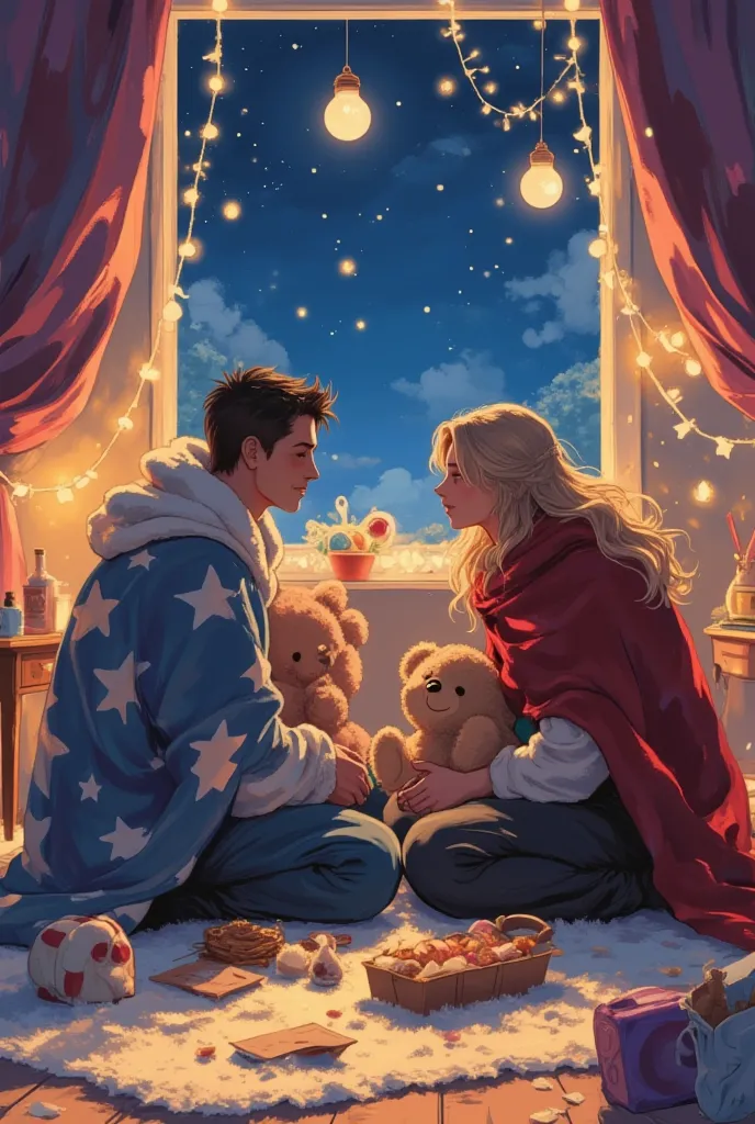 anime style, Captain America and Thor having a pajama party at night, sitting on a soft fluffy carpet, both wrapped in thick bla...