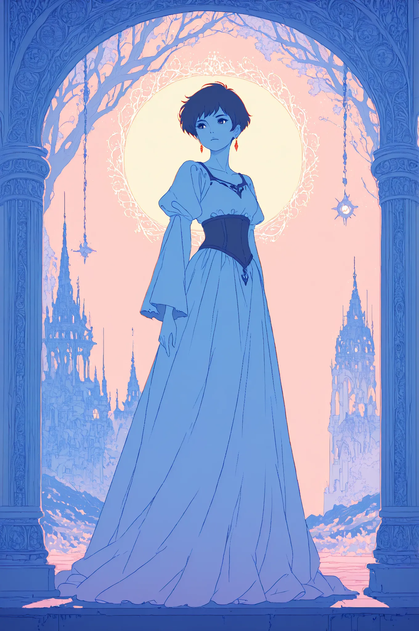 Studio Ghibli dark fairytale,tomboy,tamliness,pixie cut,lineless art,flat color,intricate detailed character full body,atmospher...