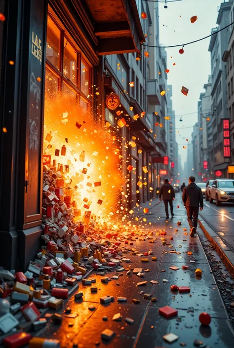 explosion at a perfume store, view from the street, bottles are flying from the window, vesicles, boxes 