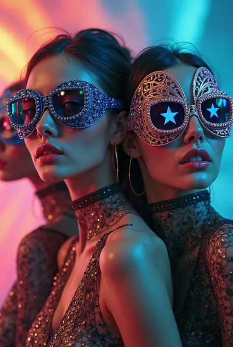Models wear sunglasses with stars and dance masks