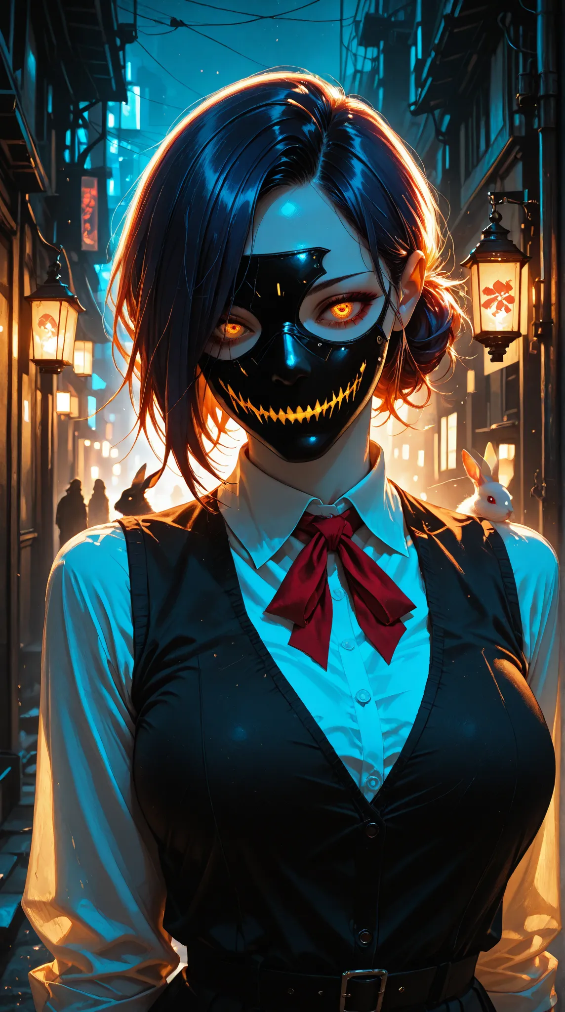 masterpiece, high contrast,  Kirishima Touka  (anime is Tokyo Ghoul), in a school uniform with a "Rabbit", misty alley at night,...