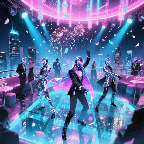 Prompt: A futuristic rooftop nightclub lounge atop a skyscraper, with a transparent glass floor revealing Tokyo’s sparkling nigh...