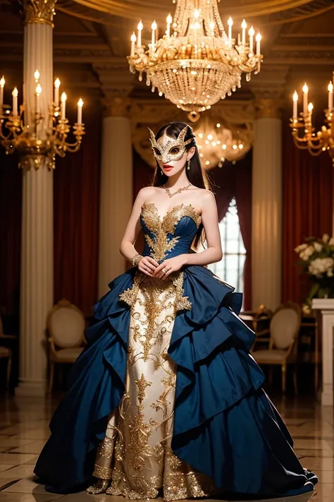 A beautiful woman at a masquerade ball, wearing an elegant, Venetian-style mask adorned with gold filigree and feathers, a flowi...